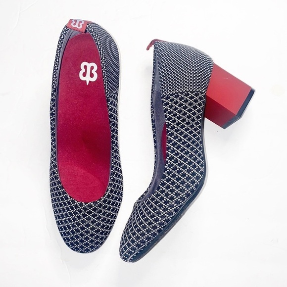 Betabrand Shoes - Betabrand Starter Red Black White Textured Patterned Block Heels